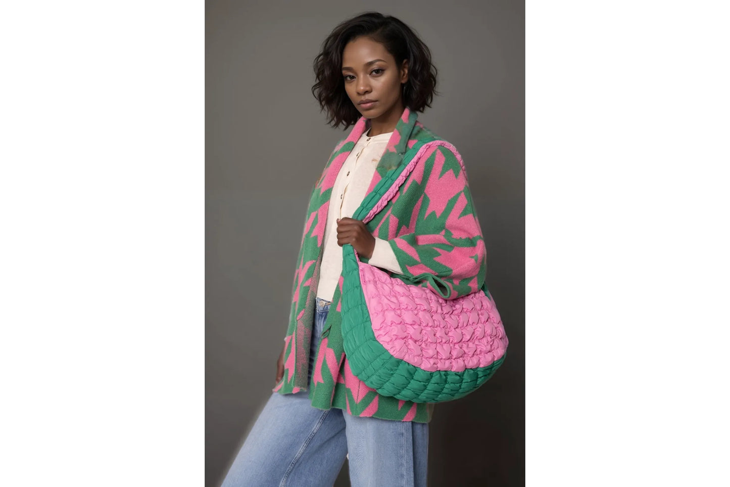 AKA Sorority Large Pink Green Quilted Shoulder Bag