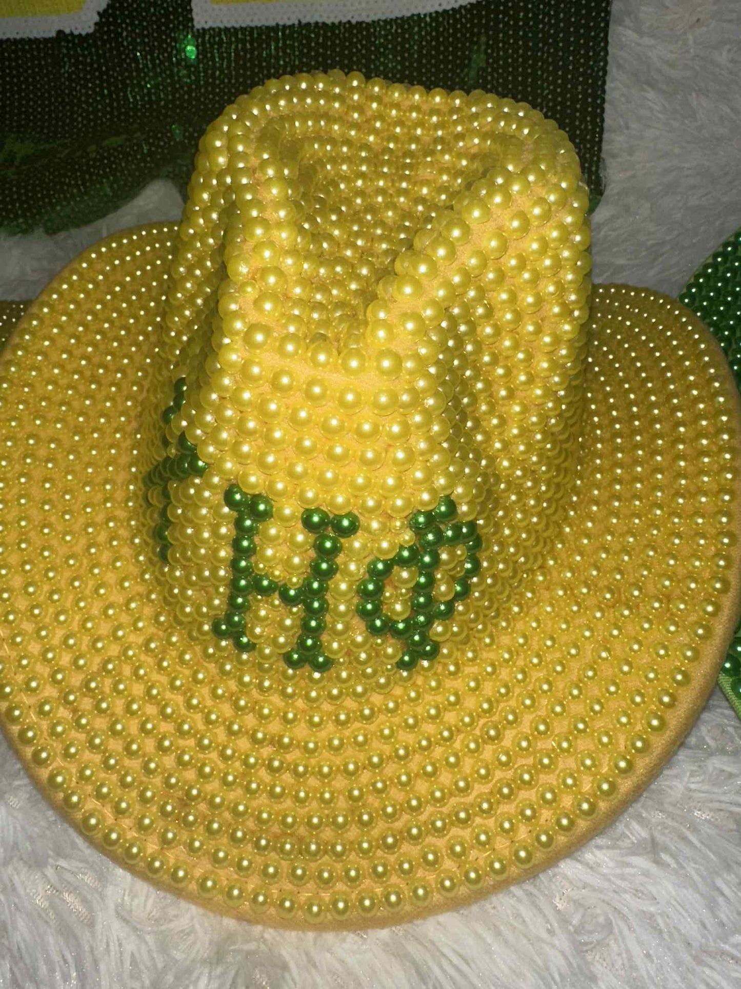 Chi Eta Sorority Yellow and Green Pearl Fedora Hat Women