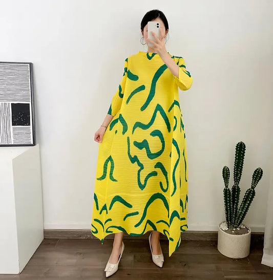 Chi Eta Phi Inspired Miyake Woman Fashion Printing Maxi  Summer Plus Size Dress Women Elegant Pleated Dresses