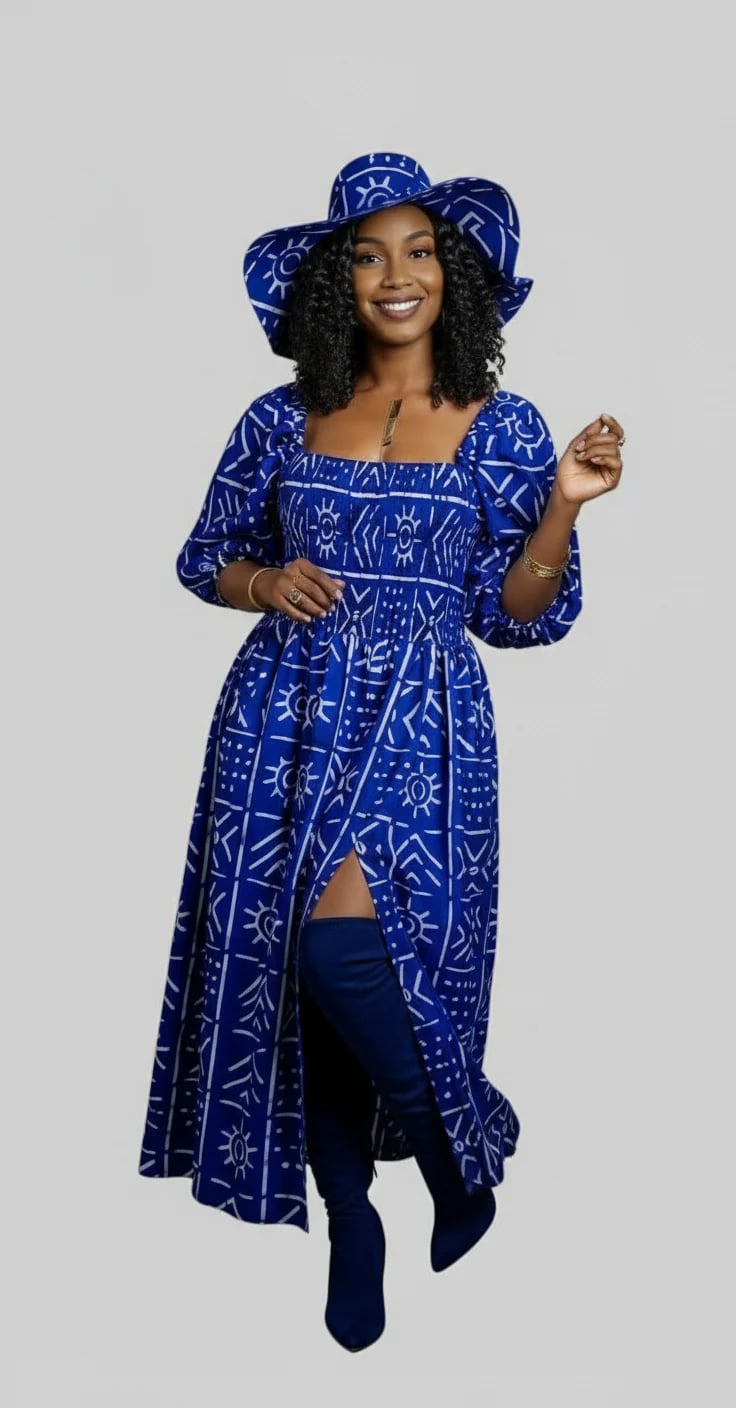 Maxi Slit Dress with Hat & Scarf Set Blue and White