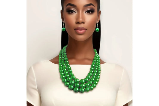 Multi Strand Green Pearl Necklace Set