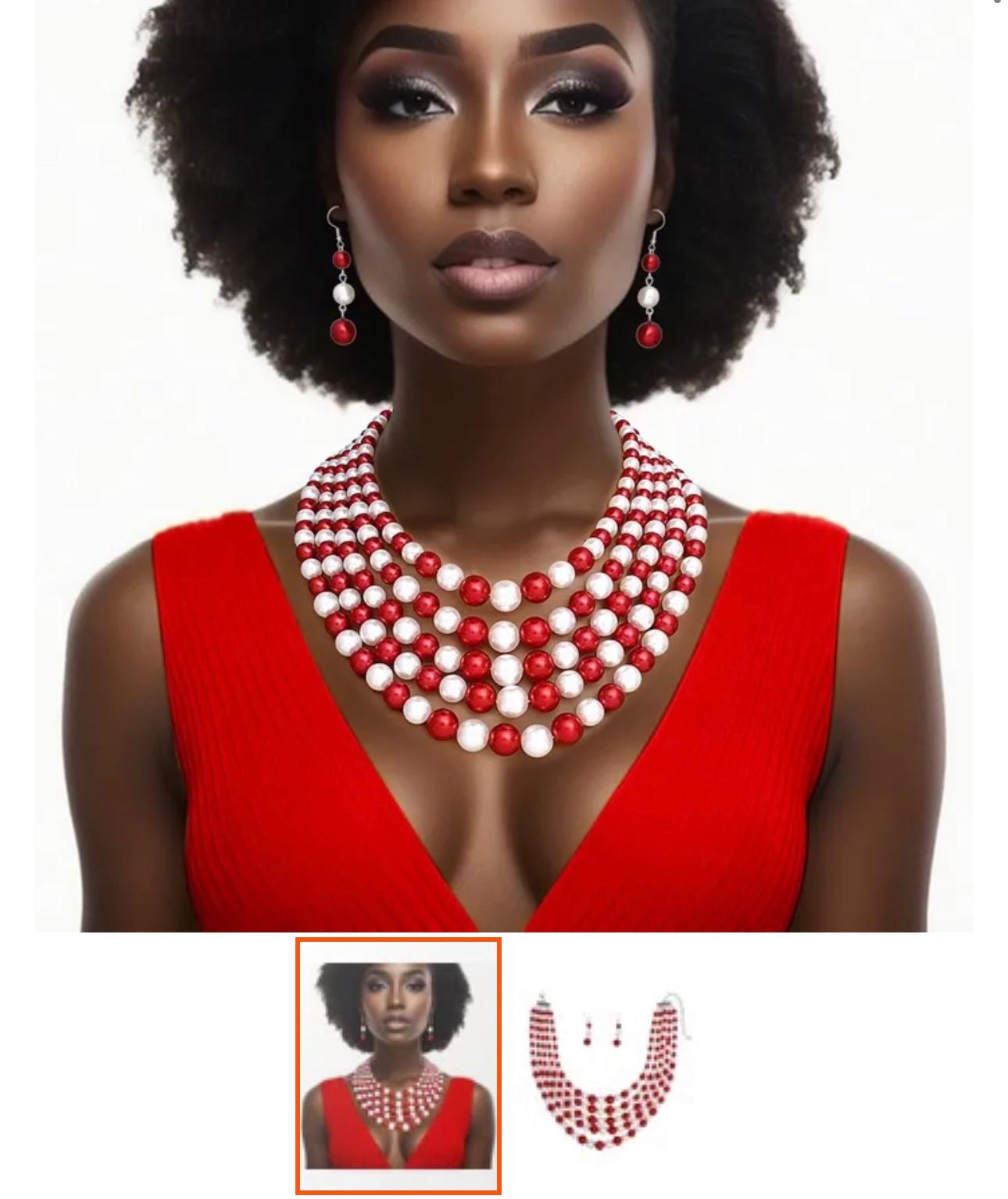 Red And White Pearl Necklace Set for Women