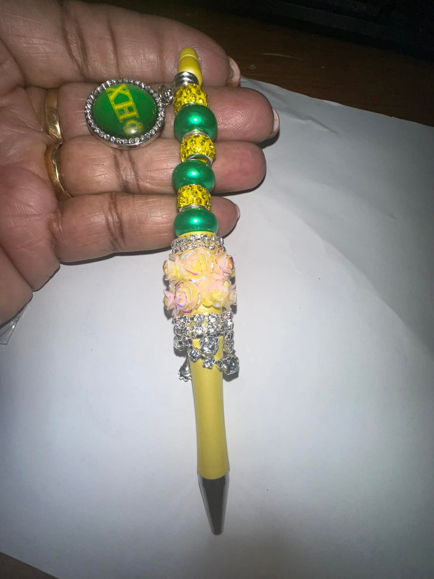 Chi Eta Phi Fancy Flower Stones 14.5 Length Ball Pen with Bead Ships same Day.