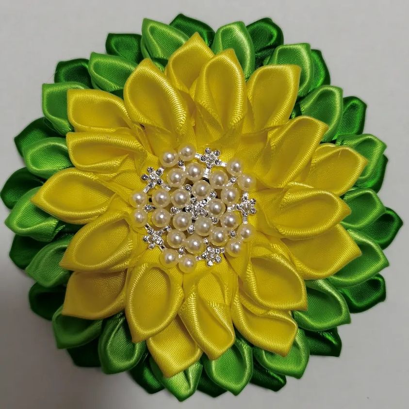 Chi Eta PHi Pin Corsages Green and Yellow Satin Ribbon Brooch