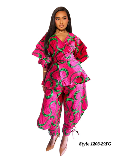 Harem Pant & Wrap Blouse Set Fuchsia/Green