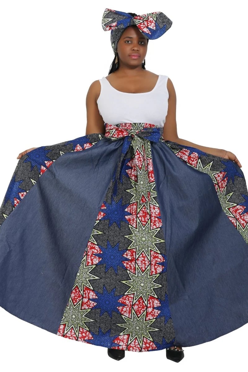 Denim and African Print Long Maxi Skirt