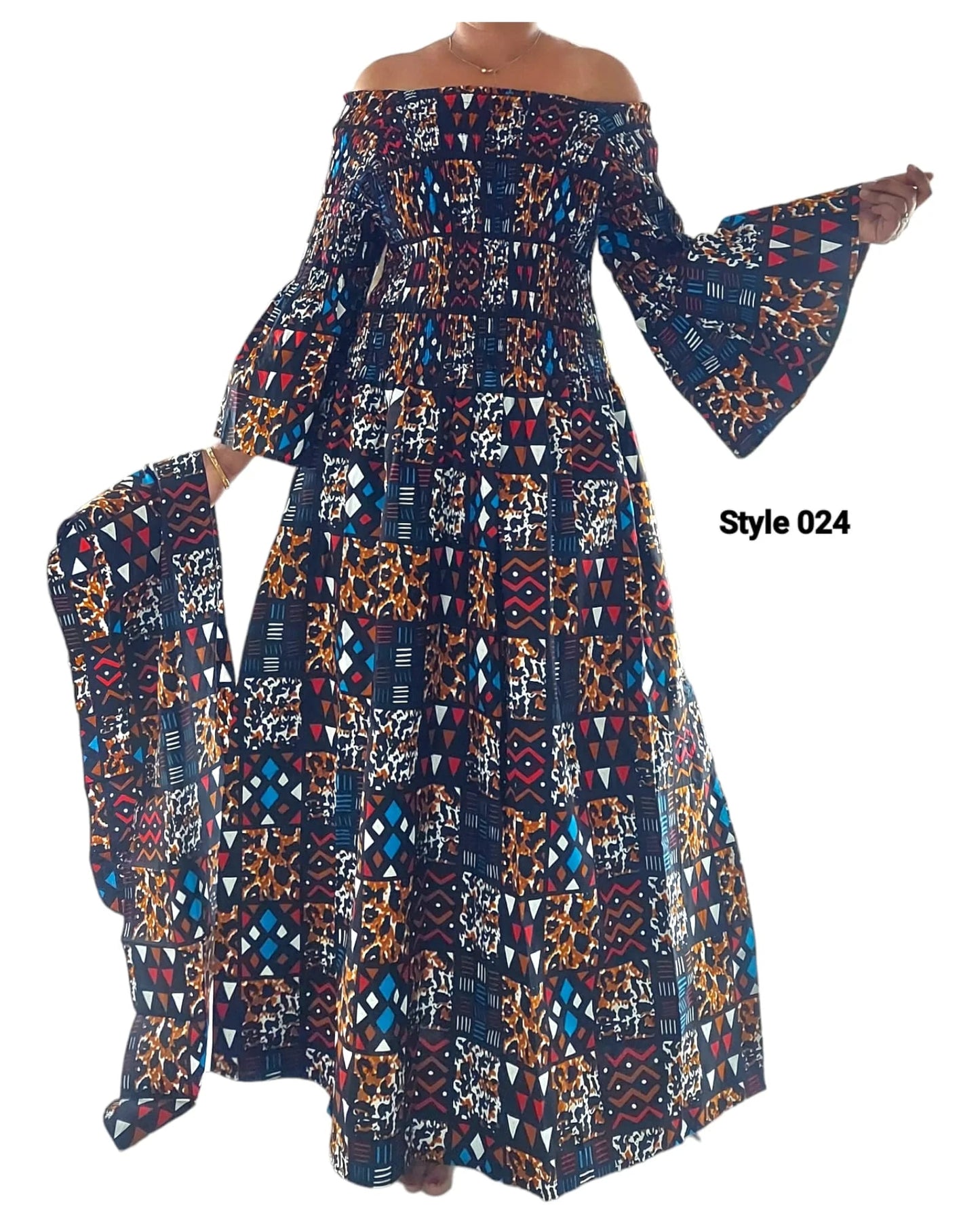 Women Long Printed Smocked Dress -Brown