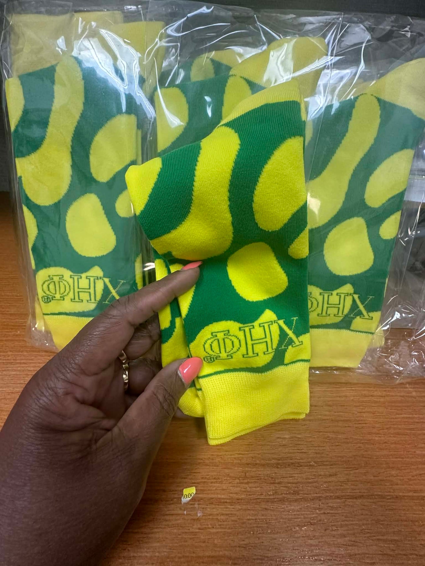 Three Pairs for 25 Chi Eta Phi Sorority XHO Green and Yellow in Socks High Quality Soft (Copy)