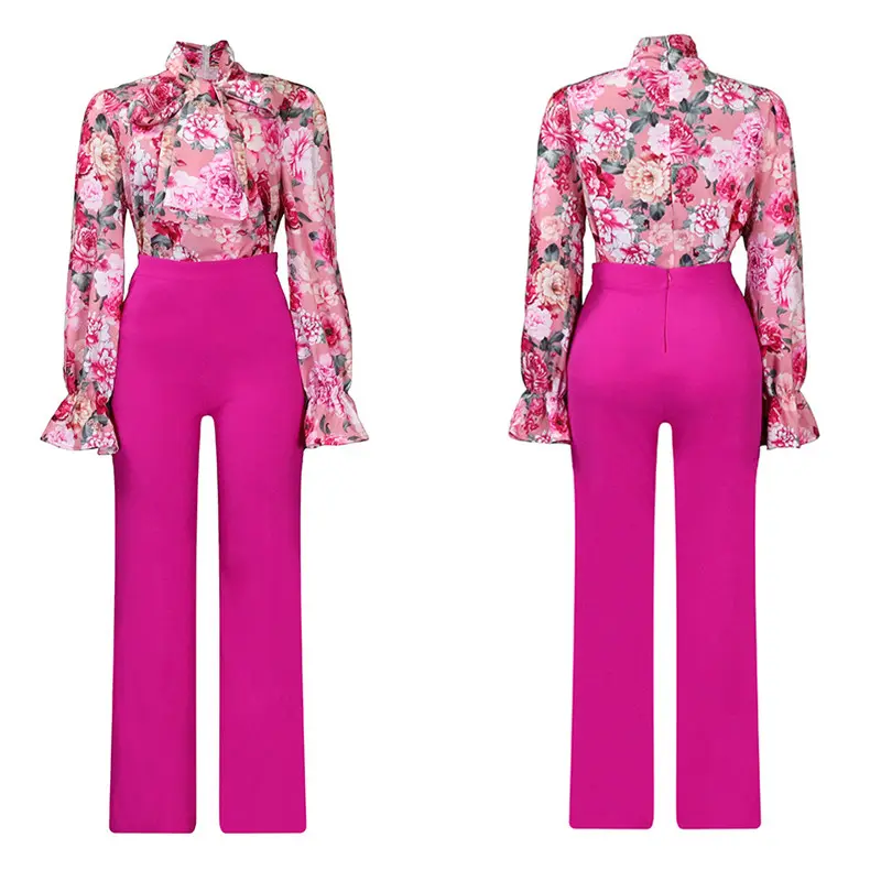 Plus Size Loose Ladies Suits Office Wear Casual Printed Long Sleeve Shirt And Pants Set Wide Leg Pant Two 2 Piece Set