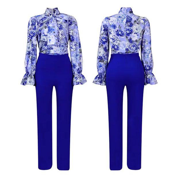 Plus Size Loose Ladies Suits Office Wear Casual Printed Long Sleeve Shirt And Pants Set Wide Leg Pant Two 2 Piece Set