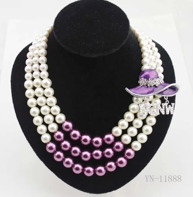 NCNW Classic Pearl Purple  and White with  Center 3 Strand Necklace