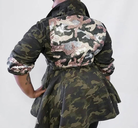 Fashion ladies clothing sequin patchwork camouflage jacket plus size women