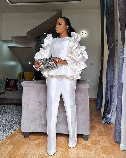 High Quality White Ruffled Sleeve Women Sets Two Piece Outfits Elegant Casual Suits Set Women Pant Suits