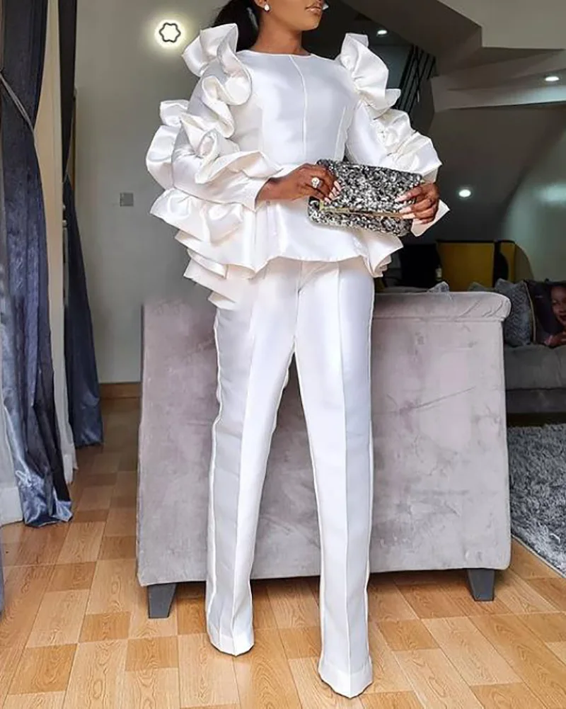 High Quality White Ruffled Sleeve Women Sets Two Piece Outfits Elegant Casual Suits Set Women Pant Suits