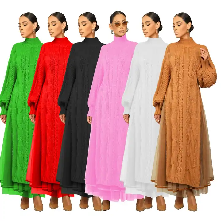 Women Sweater Dress Solid Color Long Sweater Dress Causal Patchwork Mesh Winter Dresses