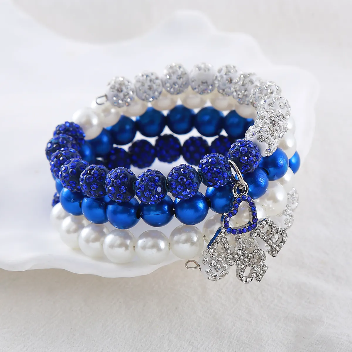 Quality Assured Statement Greek ZPB Symbol Jewelry Layered Blue And White Beads Making Zeta Phi Beta Stackable Bracelet