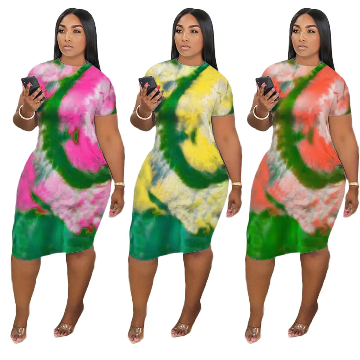 Pink and Green 2024 Fashion Summer Tie Dye Long Dress Short Sleeve Women Plus