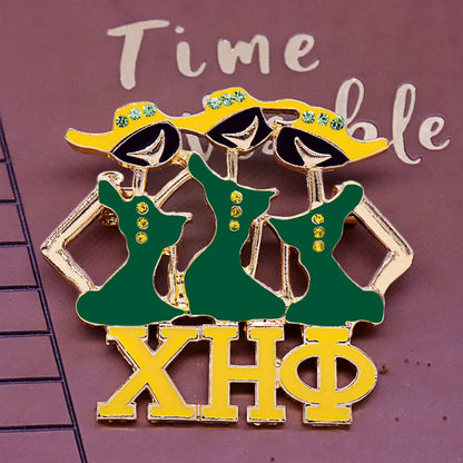 Greek XHO 1932 Fellowship Design Green and Yellow Tone Enameled Chi Eta Phi Gorgeous Lady Symbol Brooch Pin for Medical Sorority