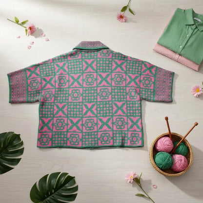 Tile Print Knit Pink Green Cardigan