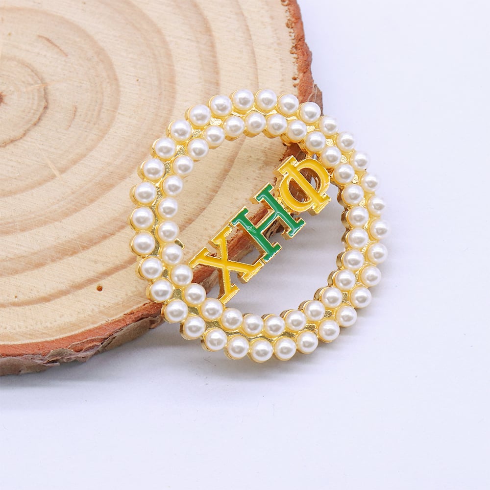Sorority Chi Eta Phi Symbol Green Yellow Enameled Fashion Greek XHO Soror Jewelry Pearl Brooch Pin