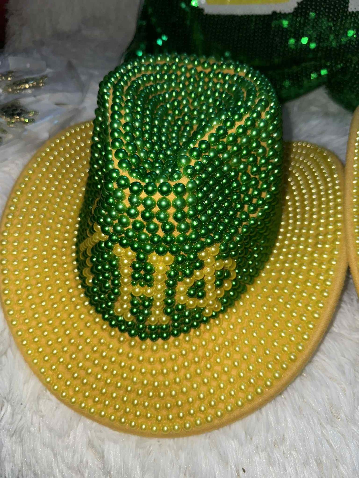Chi Eta Sorority Yellow and Green Pearl Fedora Hat Women