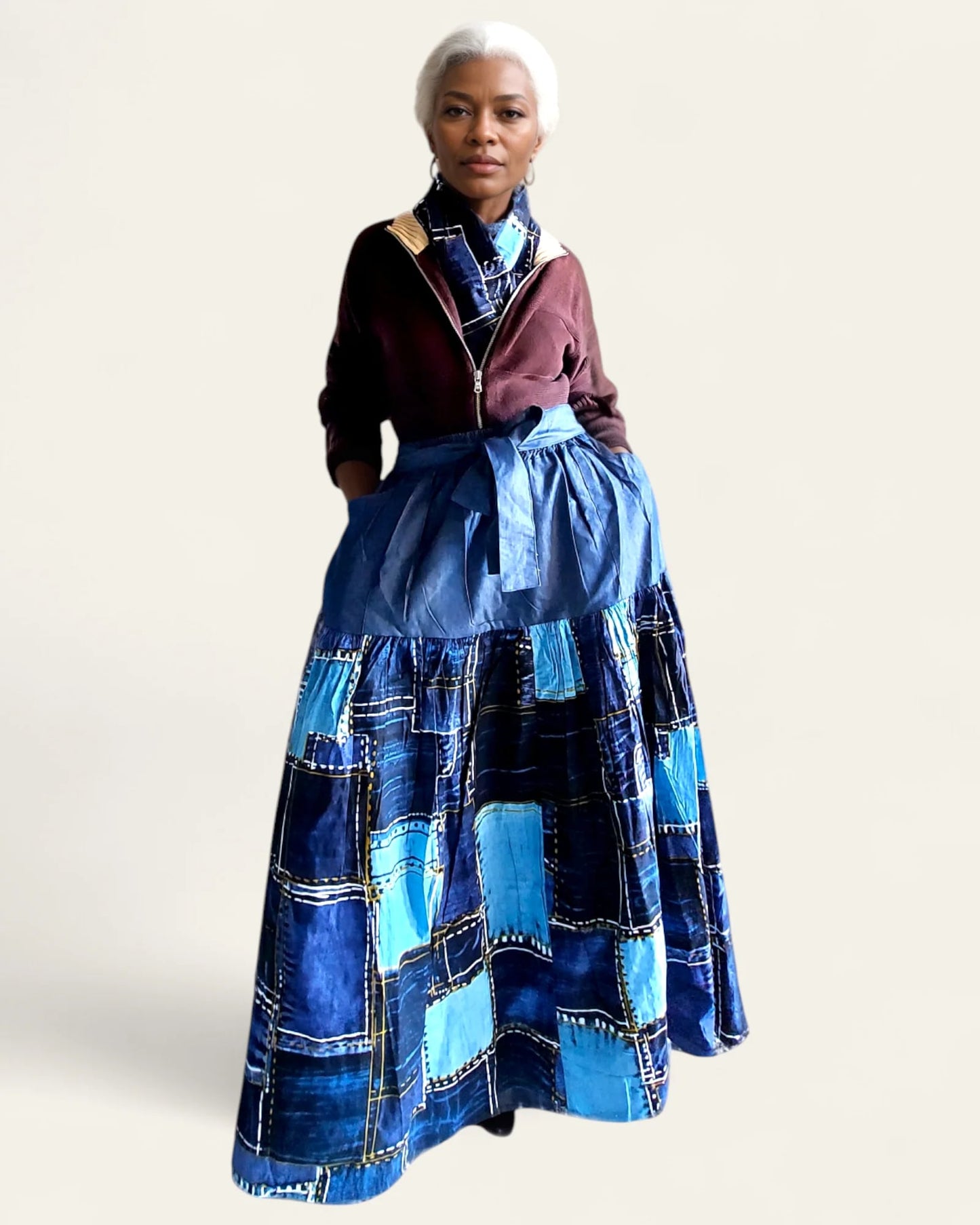 Long Flared Tiered Skirt- Blue/Denim