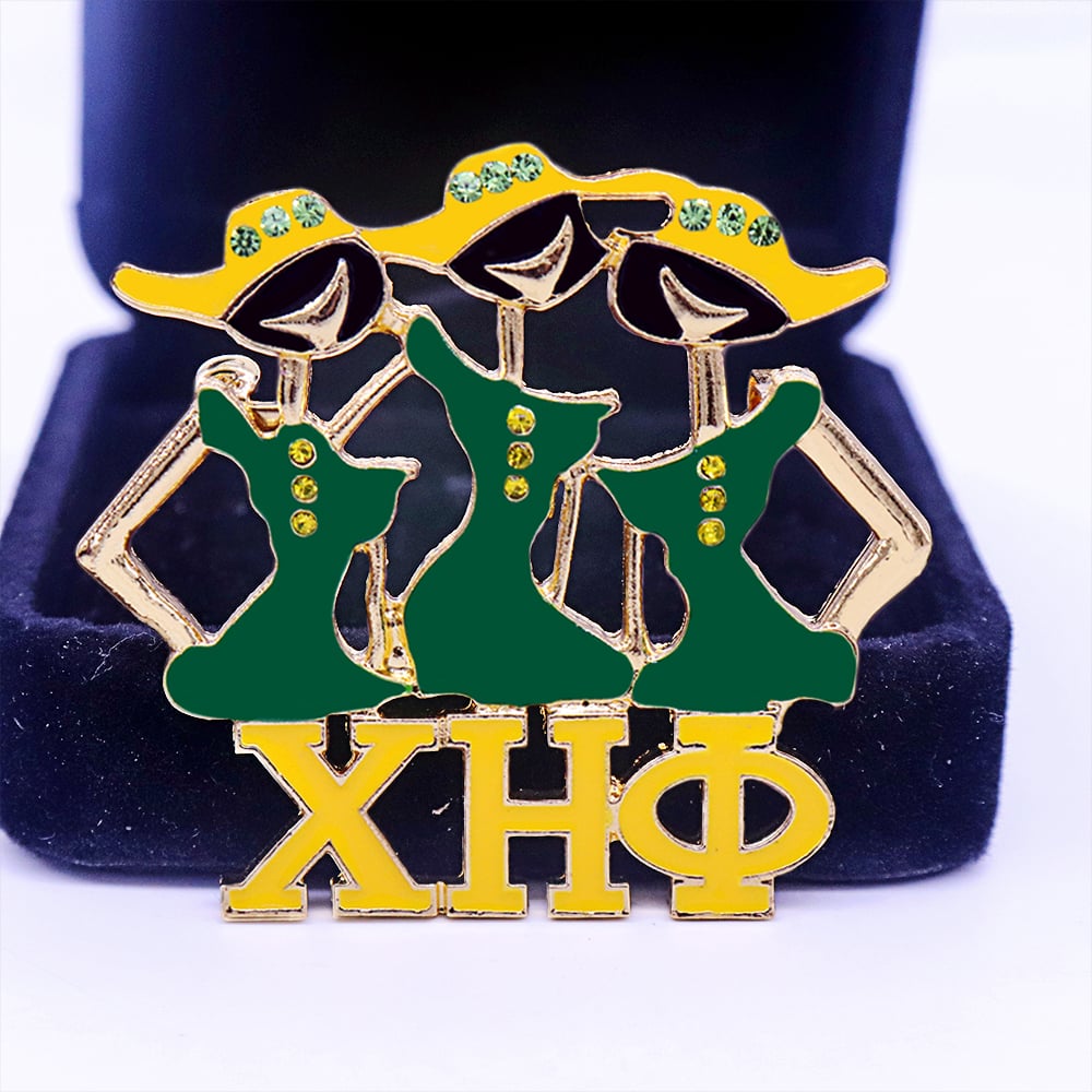 Greek XHO 1932 Fellowship Design Green and Yellow Tone Enameled Chi Eta Phi Gorgeous Lady Symbol Brooch Pin for Medical Sorority