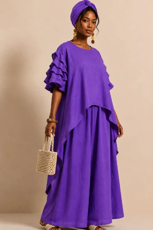 Co-Ord Set with Ruffle Sleeves & Wide-Leg Pants NCNW