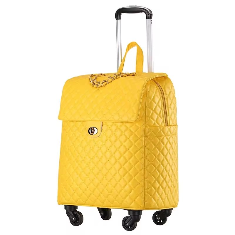 Yellow 20-Inch Argyle Carry-On Spinner: Spacious, Stylish Soft Shell Trolley Bag with Zip Closure