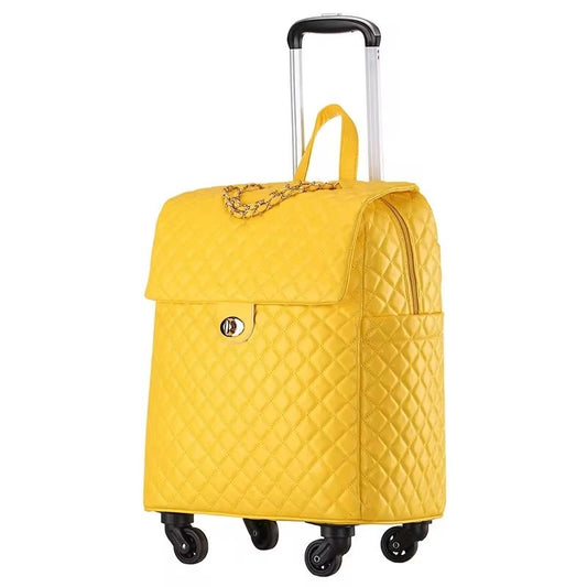Yellow 20-Inch Argyle Carry-On Spinner: Spacious, Stylish Soft Shell Trolley Bag with Zip Closure