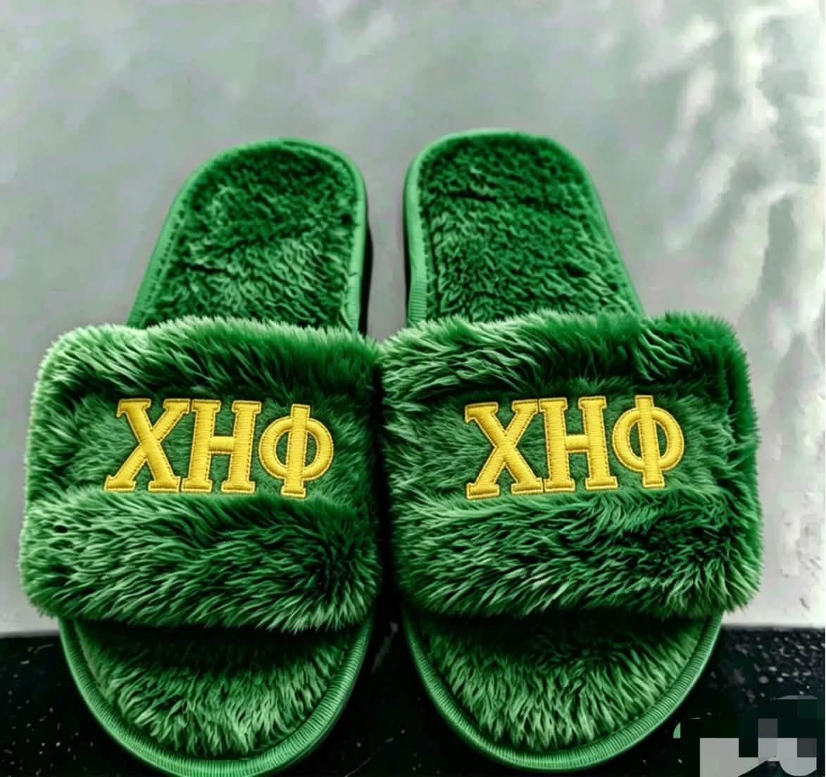 Chi Eta Phi Plush Embroidered Women's Slipper Green Bottom Slides