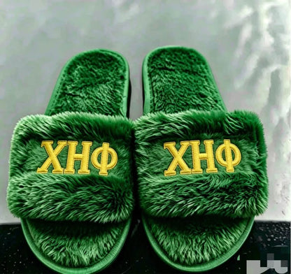 Chi Eta Phi Plush Embroidered Women's Slipper Green Bottom Slides