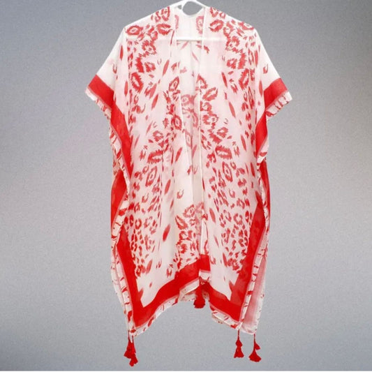 Red And White Leopard Structured Kimono for Women