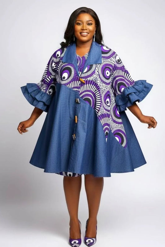 Denim Shirt Dress with Ankara African Print Ourple