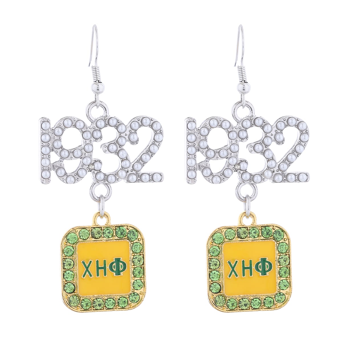 Social Organization Medical Sorority Greek XHO Lady Jewelry Green and Yellow Tone Design 1932 Dangled Earrings for Chi Eta Phi