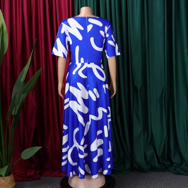 Graffiti Printed Maxi Dress Blue Base-White  Graffiti-Finer Woman