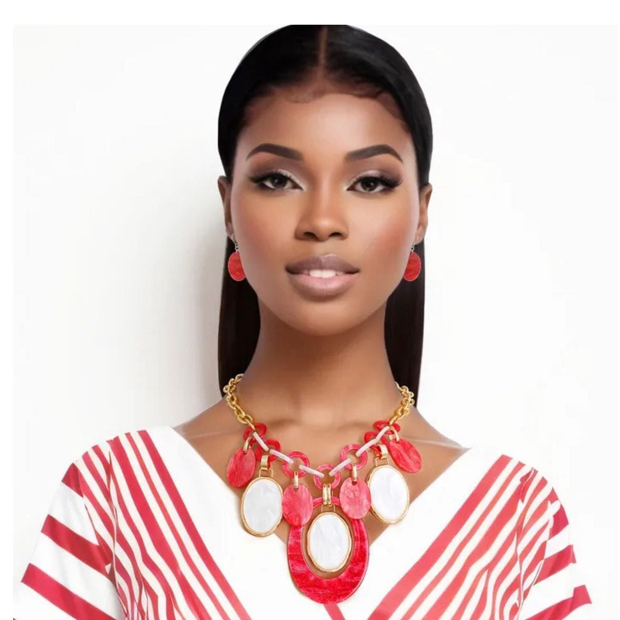 Red And White Oval Swirl Necklace Set for Women