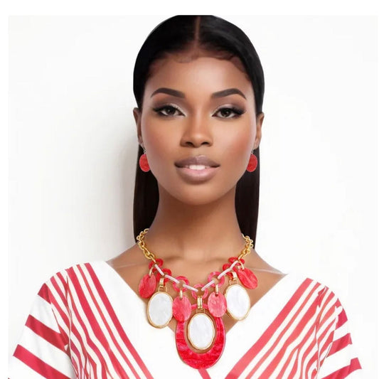 Red And White Oval Swirl Necklace Set for Women