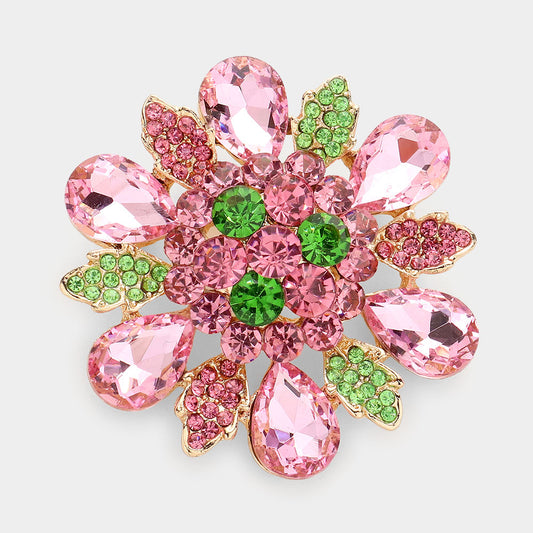 Pink and Green Floral Glass Stone Pin Brooch