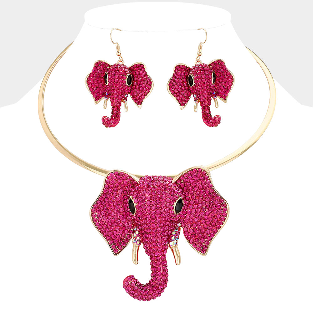 Rhinestone Pave Elephant Choker Necklace Fuchsia
