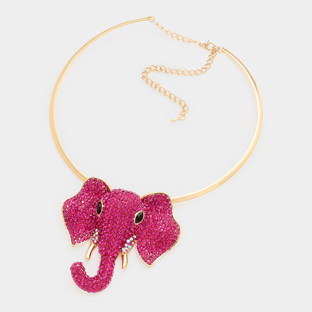Rhinestone Pave Elephant Choker Necklace Fuchsia