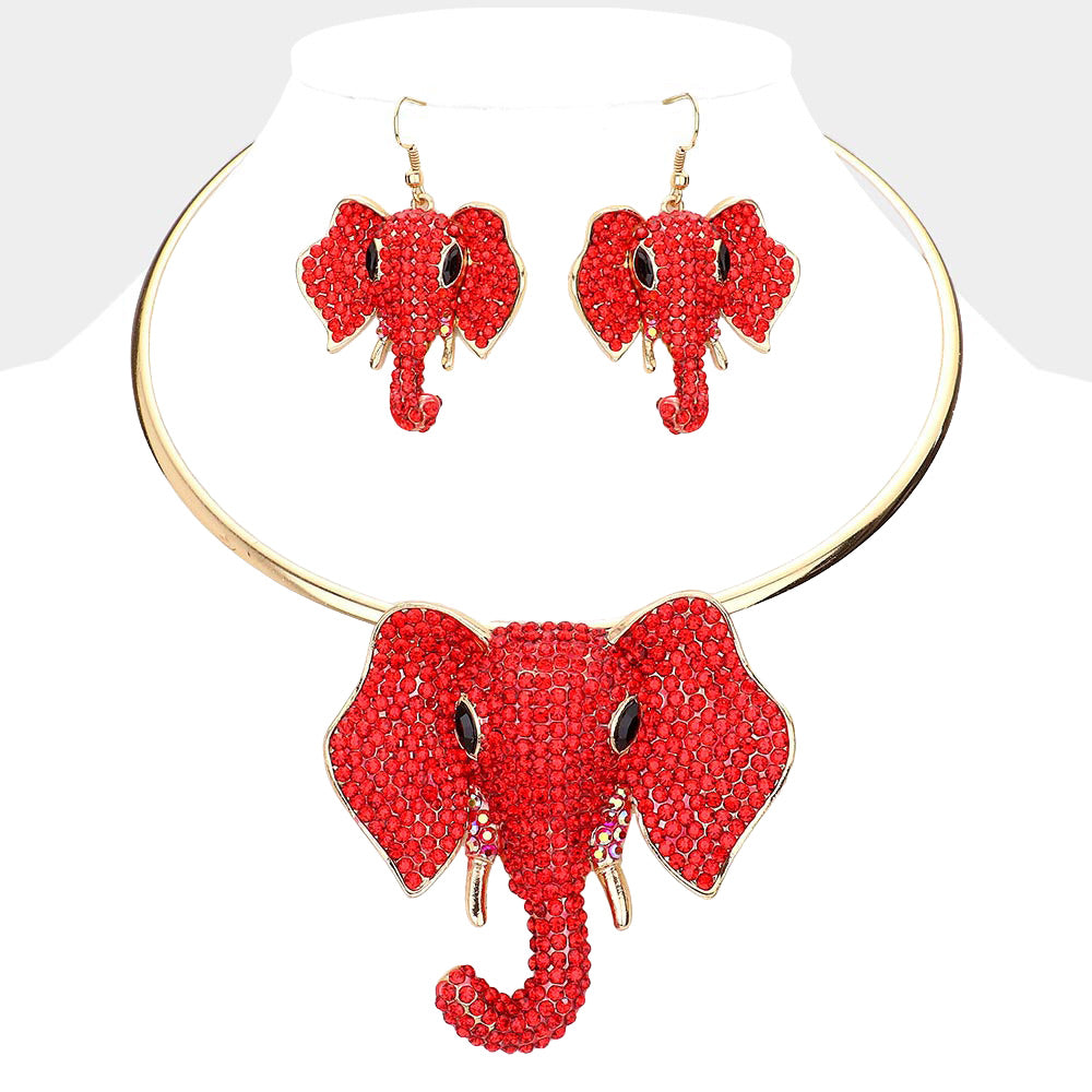 Rhinestone Pave Elephant Choker Necklace Red