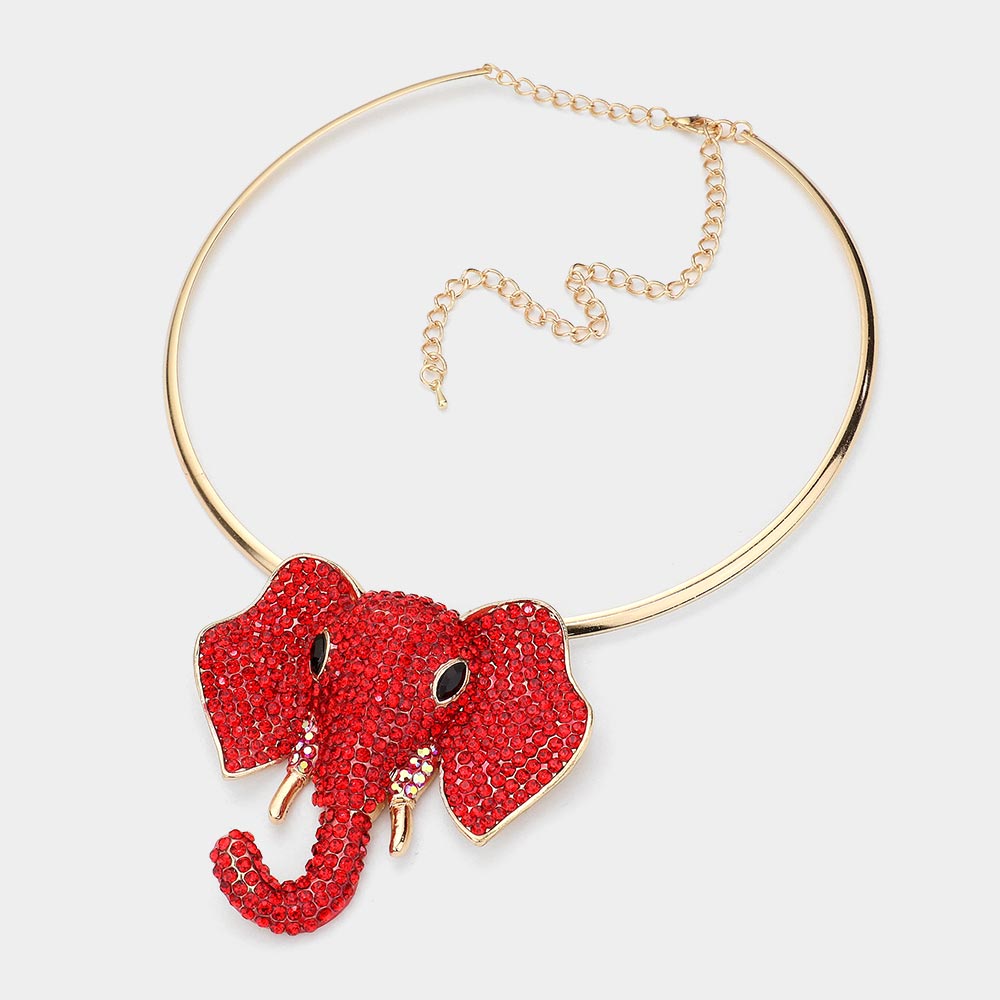 Rhinestone Pave Elephant Choker Necklace Red