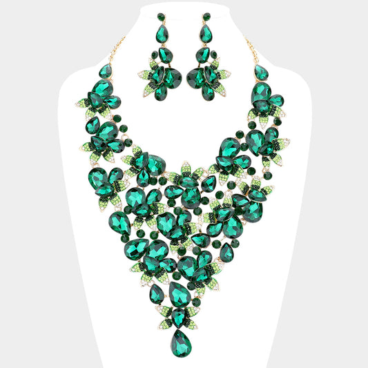 High Quality eardrop Stone Leaf Cluster Vine Statement Evening Necklace