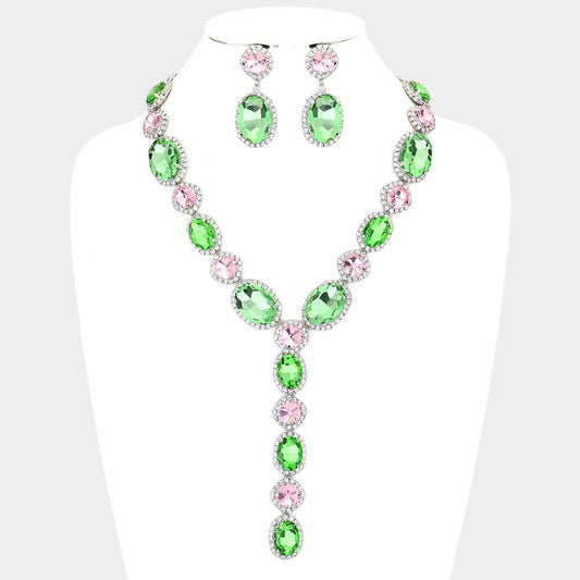 Glass Crystal Rhinestone Y Evening Necklace Pink and Green