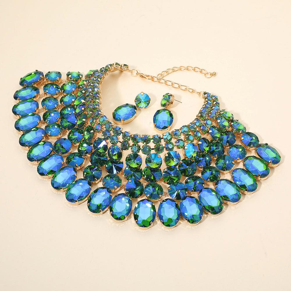 Crystal Glass Bib Statement Necklace Green