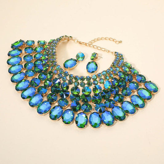 Crystal Glass Bib Statement Necklace Green