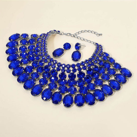 Crystal Glass Bib Statement Necklace Blue