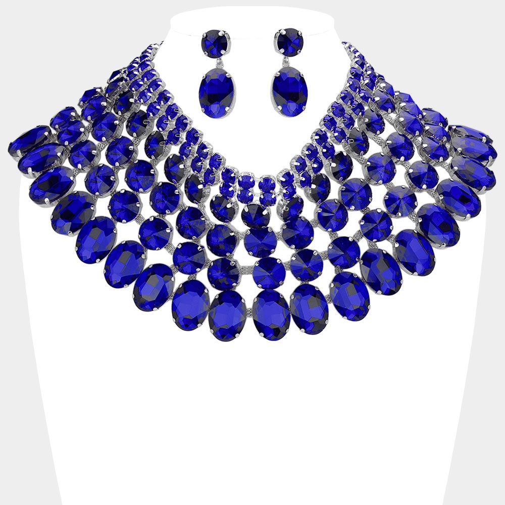 Crystal Glass Bib Statement Necklace Blue