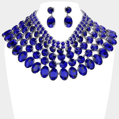 Crystal Glass Bib Statement Necklace Blue